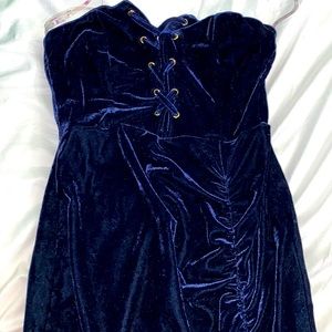 Blue strapless dress / slit on side , Size Small.